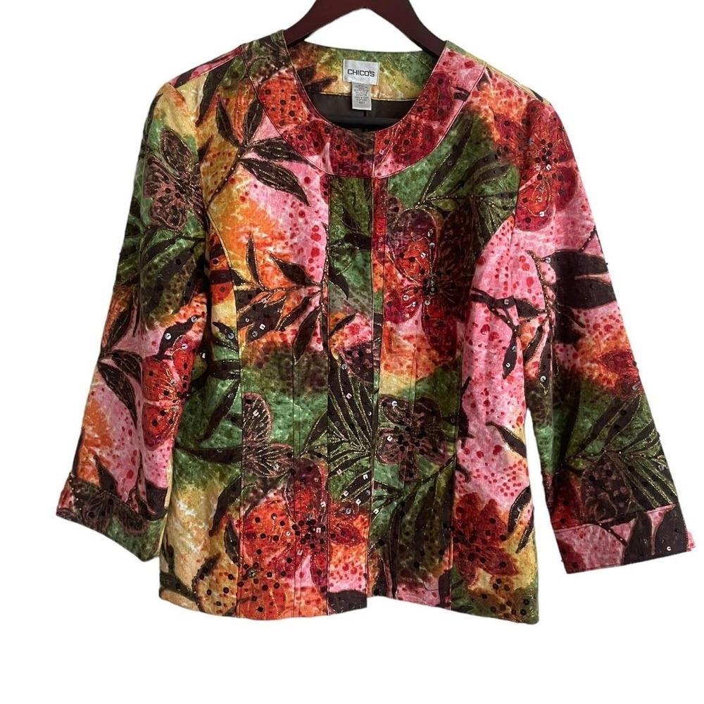 Chicos Women Boho Whimsical Floral Sequin Jacket M Multicolor Artsy Botanical